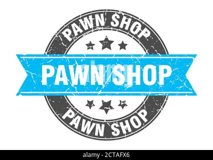 negozio di pawn francobollo rotondo con nastro. segno. etichetta Illustrazione Vettoriale