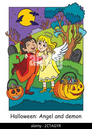 Colorful Halloween piccolo angelo carino e abbraccio demone Illustrazione Vettoriale