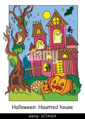 Casa colorata Halloween spaventosa infestata di notte Illustrazione Vettoriale