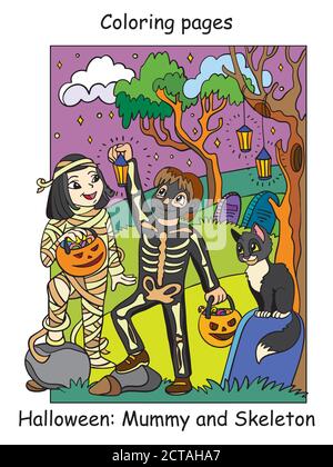 Colorati bambini di Halloween in costumi di scheletro e mummia. Illustrazione Vettoriale