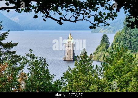 La Torre straining al lago Vyrnwy, Powys, Galles Foto Stock