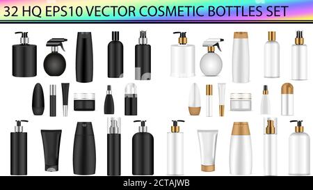 Set di mockup per bottiglie in bianco e nero. Illustrazione vettoriale maschere vuote in bianco e nero vaschette di plastica vuote: Bottiglie con spray, dispenser e. Illustrazione Vettoriale