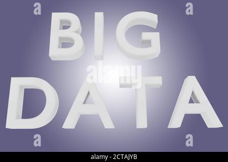 Illustrazione 3D delle lettere che formano le parole BIG DATA, isolate su gradiente viola. Foto Stock