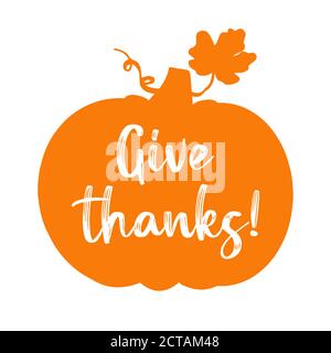 Disegnato a mano regala grazie citazione con zucca come silhouette per cartolina, banner, poster, volantino, logo, intestazione. Scritta per il giorno del Ringraziamento Illustrazione Vettoriale