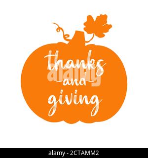 Disegnati a mano grazie e dando citazione con zucca come silhouette per cartolina, icona autunnale, logo o badge. Scritta per il giorno del Ringraziamento Illustrazione Vettoriale
