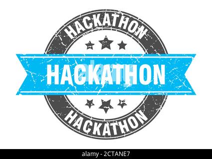 francobollo rotondo hackathon con nastro. etichetta di sign Illustrazione Vettoriale