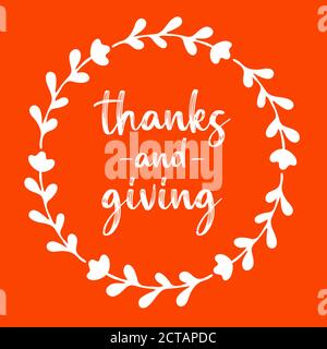 Grazie disegnati a mano e dando citazione con wreath per cartolina, banner, poster, logo, volantino. Scritta festiva per il giorno del Ringraziamento Illustrazione Vettoriale