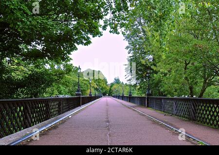 Vista prospettica di un ampio ponte, con ringhiere in ghisa e lampioni in stile vittoriano. Incorniciato da alberi a strapiombo. Foto Stock