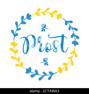 Citazione di Prost disegnata a mano in tedesco tradotto Grazie. Isolato su sfondo bianco. Tipografia scritta Oktoberfest disegnata, illustrazione vettoriale. Illustrazione Vettoriale