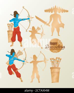 happy dussehra scheda celebrazione con set icone disegno vettoriale illustrazione Illustrazione Vettoriale