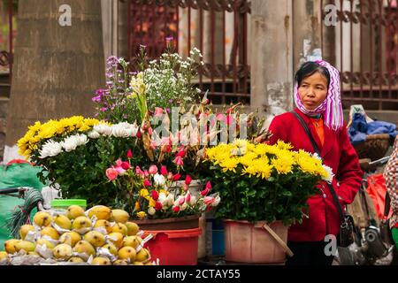 Lao Cai, Vietnam - 29 FEBBRAIO 2012: Venditore di strada vietnamita anziano con vecchia bicicletta che vende fiori e frutta nella città vecchia. Lao Cai. Foto Stock