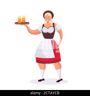 Ragazza cameriera tenendo birra tazze Oktoberfest festa celebrazione concetto donna in abiti tradizionali tedeschi con divertente vettore isolato a lunghezza intera illustrazione Illustrazione Vettoriale