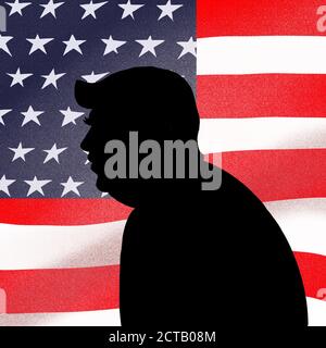 17 settembre 2020, illustrazione Donald John Trump, silhouette nera sullo sfondo degli Stati Uniti. Foto Stock