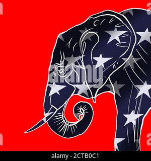 Elefante disegnato su sfondo rosso. Elezioni 2020. Partito repubblicano. Foto Stock