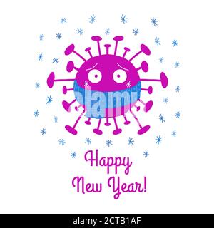 Felice Anno Nuovo. Batteri del coronavirus del cartone animato in sciarpa blu con fiocchi di neve. Isolato su sfondo bianco. Illustrazione di stock vettoriale. Illustrazione Vettoriale