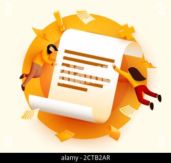 Piccole persone che volano intorno a documenti cartacei. Contratto o contratto. Termini e condizioni. Illustrazione vettoriale. Illustrazione Vettoriale