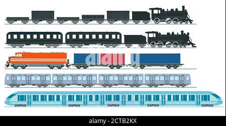 Treno espresso treno merci locomotiva a vapore, auto ferroviaria. Trasporto, set - illustrazione vettoriale Illustrazione Vettoriale