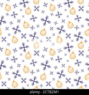 Vector motivo di natale senza cuciture sfondo con palle decorative e fiocchi di neve blu. Elementi isolati disegnati a mano Illustrazione Vettoriale