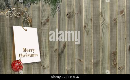 Cornice di decorazione di Natale con appendere Xmas gift tag, rami di abete e rosso bauble su sfondo di legno. Texte sur Buon Natale. Luogo per il testo, mock-up. Illustrazione 3D Foto Stock
