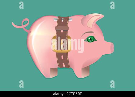 Pink carino piggy bank con cintura. Tempo di non prendere dei risparmi o di risparmiare di più e sicuro. Illustrazione vettoriale. Eps10. Illustrazione Vettoriale