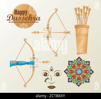 happy dussehra celebration card con scritta abd set icone vettore disegno dell'illustrazione Illustrazione Vettoriale