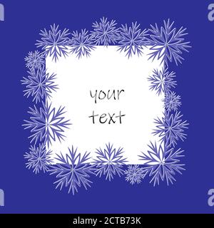Modello di carta di Natale. Cornice ovale di fiocchi di neve e spazio per il testo, effetto taglio carta 3D di . Sfondo blu luminoso. eps vettoriale 10 Illustrazione Vettoriale