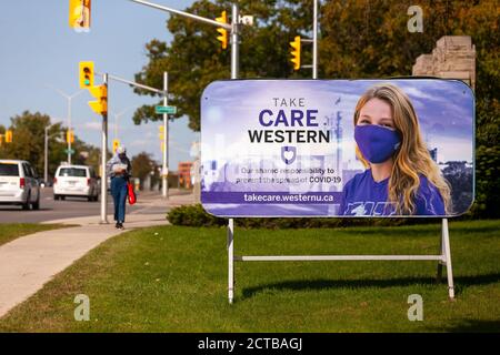 Londra, Canada - Settembre, 21, 2020. La Western University di Londra, in Canada, ha registrato un forte aumento del numero di casi COVID-19 con più di 50 borchie Foto Stock