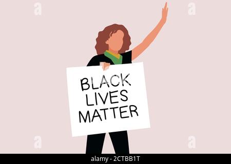 Protester che tiene un cartello con l'iscrizione 'BLACK LIVES MATTER', in una mano e tenendo la seconda mano in su. Illustrazione del design piatto. Foto Stock