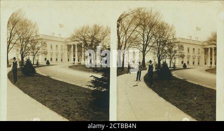 Vista sulla Casa Bianca. Uomini al lavoro nei giardini., Casa Bianca (Washington, D.C.), Washington (D.C. Foto Stock