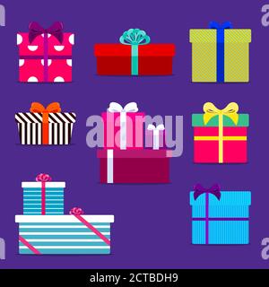 Le confezioni regalo consentono di impostare icone vettoriali isolate in un design piatto Illustrazione Vettoriale