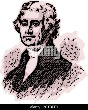Ritratto vettoriale del presidente Thomas Jefferson. Thomas Jefferson (1743 – 1826) è stato uno statista, diplomatico, avvocato, architetto, filosofo e statunitense Illustrazione Vettoriale