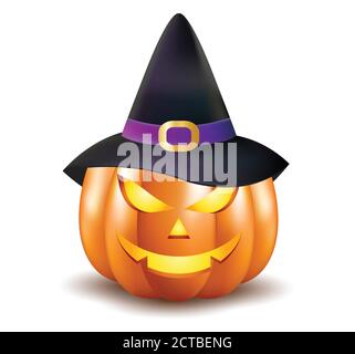 Zucca di Halloween con illustrazione vettoriale cappello isolato su sfondo bianco. Zucca di Halloween con faccia spaventosa scolpita in esso e che indossa una ha di strega Illustrazione Vettoriale