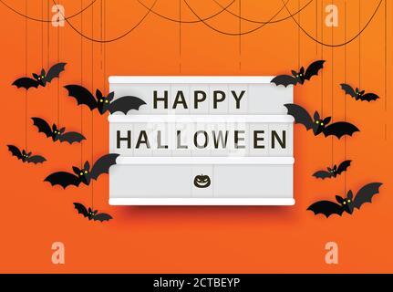 Felice illustrazione vettoriale di halloween lightbox. Buon Poster di Halloween con pipistrelli su sfondo arancione. Banner o modello spooky. Illustrazione Vettoriale