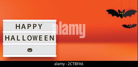 Felice illustrazione vettoriale di halloween lightbox. Buon Poster di Halloween con pipistrelli su sfondo arancione. Banner o modello spooky. Illustrazione Vettoriale