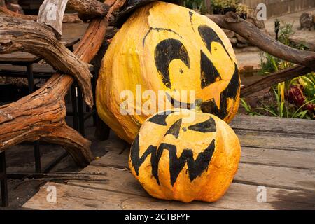 Interni decorazione mobili di zucca Halloween o Jack o lanterna di caffè d'epoca in Mae Hong Son, Thailandia Foto Stock