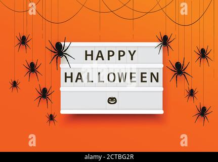 Felice illustrazione vettoriale di halloween lightbox. Buon Poster di Halloween con ragni su sfondo arancione. Banner o modello Spider. Illustrazione Vettoriale