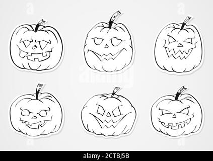 Set vettoriale Halloween di adesivi per zucche. Contorni neri. Illustrazione Vettoriale