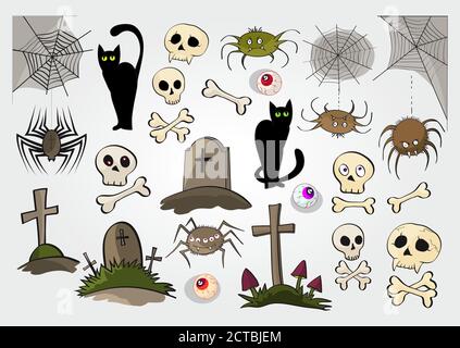Insieme vettoriale di oggetti Halloween per design, elementi e creature. Colorato. Illustrazione Vettoriale