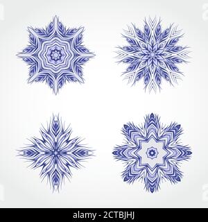 Serie vettoriale di ornamenti rotondi decorativi, fiocchi di neve. Elementi di design in blu. Illustrazione Vettoriale