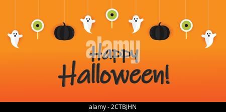 Vettore banner Halloween. Happy sfondo banner Halloween con occhio, caramella, fantasma e zucche in stile taglio carta. Illustrazione Vettoriale