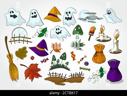 Insieme vettoriale di oggetti Halloween per design, elementi e creature.colored. Illustrazione Vettoriale