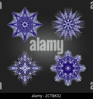 Serie vettoriale di ornamenti rotondi decorativi, fiocchi di neve. Elementi di design in blu. Illustrazione Vettoriale