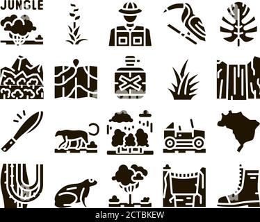 Jungle Tropical Forest Glyph Set Vector Illustrazione Vettoriale