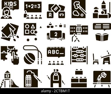 Vettore set Glyph Education Preschool Illustrazione Vettoriale