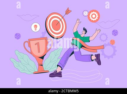 Uomo d'affari allegro che corre verso l'obiettivo, cartoon flat vettore illustrazione. Illustrazione Vettoriale
