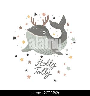 Carta di Natale con squalo bambino in cervi antlers su sfondo bianco. Illustrazione vettoriale. Illustrazione Vettoriale
