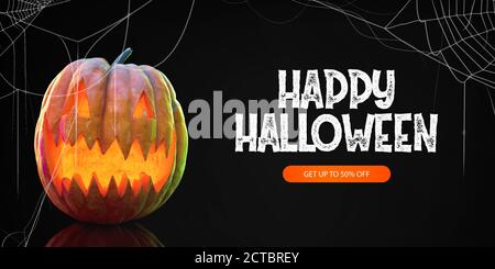 Zucca spaventosa su sfondo arancione scuro con allegro testo halloween. La notte della paura. Design per le vendite, copyspace. Halloween, Black friday, cyber monday, concept autunnale. Volantino per l'annuncio. Ottieni fino a 50 di sconto. Foto Stock