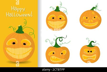 Set di zucche divertenti per Halloween. Halloween clipart su sfondo bianco isolato. Illustrazione Vettoriale