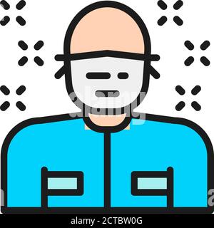 Uomo in maschera medica, paziente, chirurgo, medico icona linea di colore piatta. Illustrazione Vettoriale