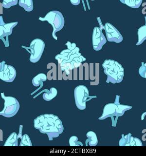 Organi umani senza cuciture motivo blu. Polmoni turchesi con sistema digestivo del muscolo cardiaco. Illustrazione Vettoriale